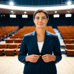 A serene professional woman, embodying calm composure, in a modest, elegantly tailored dark business suit. She is standing confidently backstage at a large, well-lit auditorium, observing a complex event with a subtle, reassuring expression. The background shows blurred lights and the orderly preparations of a professional crew. fully clothed, appropriate attire, safe for work, perfect anatomy, correct proportions, natural pose, well-formed hands, proper finger count, natural body proportions, professional photography, high quality, modest, family-friendly.