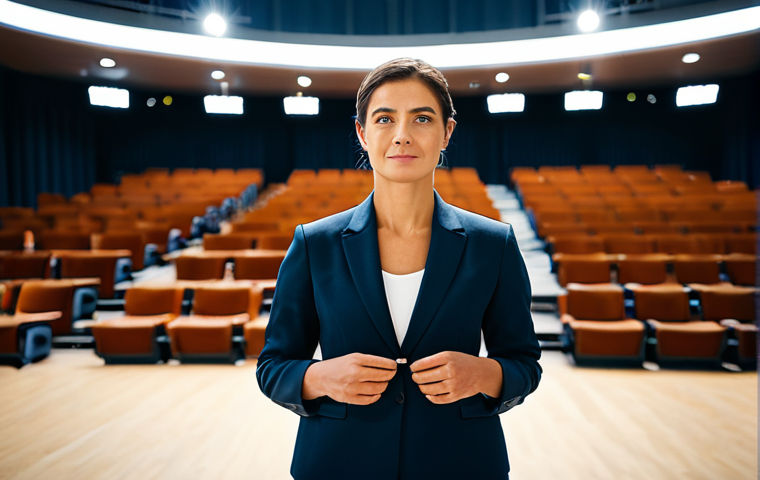 A serene professional woman, embodying calm composure, in a modest, elegantly tailored dark business suit. She is standing confidently backstage at a large, well-lit auditorium, observing a complex event with a subtle, reassuring expression. The background shows blurred lights and the orderly preparations of a professional crew. fully clothed, appropriate attire, safe for work, perfect anatomy, correct proportions, natural pose, well-formed hands, proper finger count, natural body proportions, professional photography, high quality, modest, family-friendly.