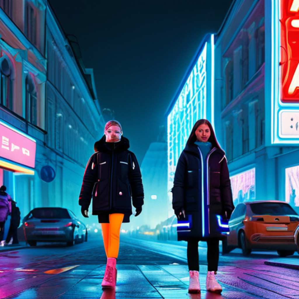 **

A dynamic, futuristic cityscape in Moscow at night. Neon signs in Cyrillic characters illuminate the streets. Aespa members (Karina, Giselle, Winter, Ningning) are depicted as stylized figures in trendy, modern streetwear, engaging with their AI avatars (ae) that hover nearby as translucent, ethereal figures. The overall scene should have a hyperreal, slightly surreal quality, reflecting the blend of reality and virtuality central to aespa's concept. Focus on vibrant colors and a sense of technological advancement. Safe for work, appropriate content, fully clothed, professional, family-friendly. Perfect anatomy, natural proportions, well-formed hands, proper finger count.

**