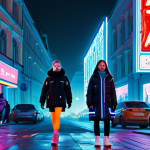 **

A dynamic, futuristic cityscape in Moscow at night. Neon signs in Cyrillic characters illuminate the streets. Aespa members (Karina, Giselle, Winter, Ningning) are depicted as stylized figures in trendy, modern streetwear, engaging with their AI avatars (ae) that hover nearby as translucent, ethereal figures. The overall scene should have a hyperreal, slightly surreal quality, reflecting the blend of reality and virtuality central to aespa's concept. Focus on vibrant colors and a sense of technological advancement. Safe for work, appropriate content, fully clothed, professional, family-friendly. Perfect anatomy, natural proportions, well-formed hands, proper finger count.

**