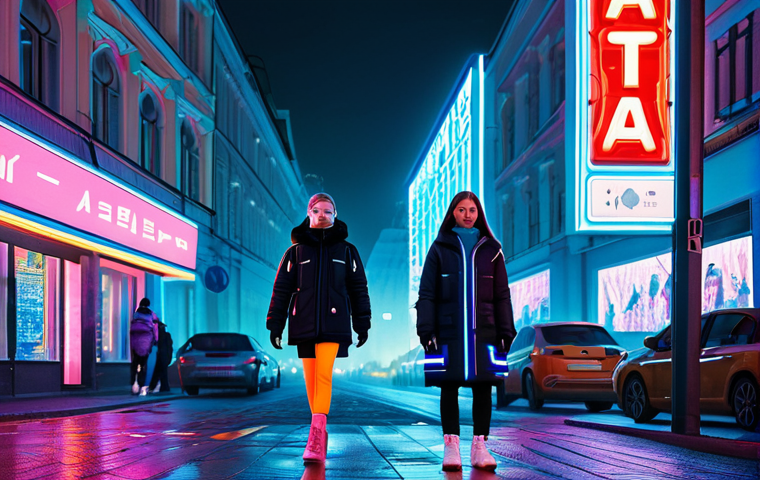 **
A dynamic, futuristic cityscape in Moscow at night. Neon signs in Cyrillic characters illuminate the streets. Aespa members (Karina, Giselle, Winter, Ningning) are depicted as stylized figures in trendy, modern streetwear, engaging with their AI avatars (ae) that hover nearby as translucent, ethereal figures. The overall scene should have a hyperreal, slightly surreal quality, reflecting the blend of reality and virtuality central to aespa's concept. Focus on vibrant colors and a sense of technological advancement. Safe for work, appropriate content, fully clothed, professional, family-friendly. Perfect anatomy, natural proportions, well-formed hands, proper finger count.
**